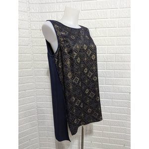 Lafayette 148 Women's Blue Silk Sleeveless Gold Metallic Design Tunic Top Medium